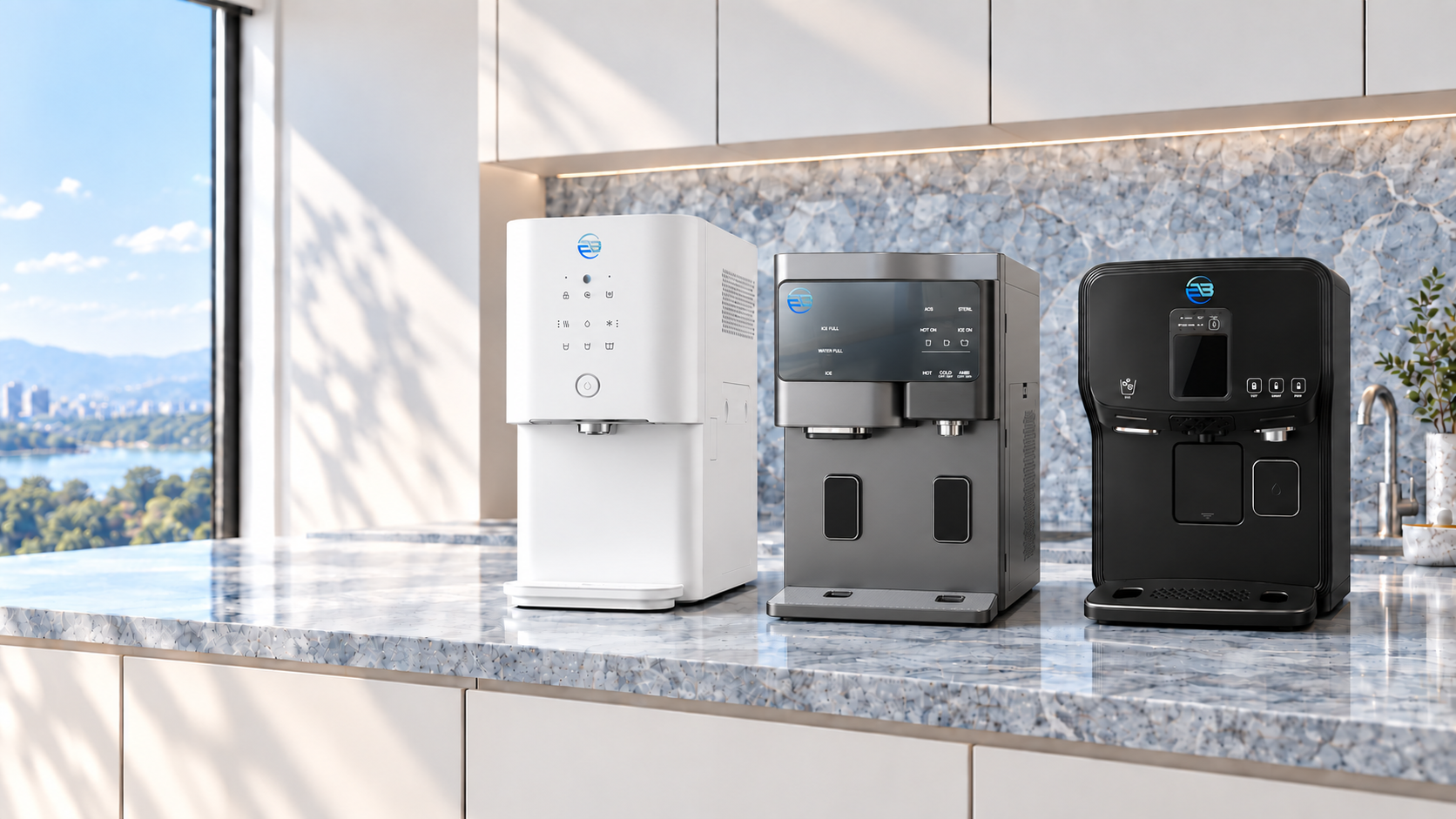 White Touch, Pure Ice und Sparkling nebeneinander in einer hellen Küche